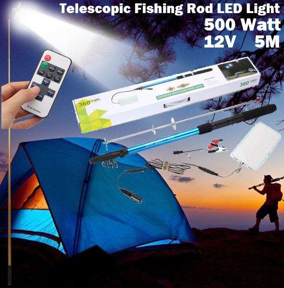 500Watt, 5m, 12V Telescopic Fishing Rod LED Light with Remote & Accessories