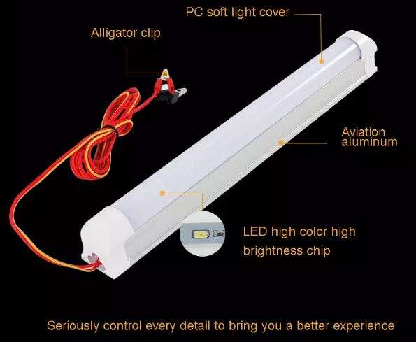 12V DC High Power Frosted LED Tube Light with Alligator Clamps