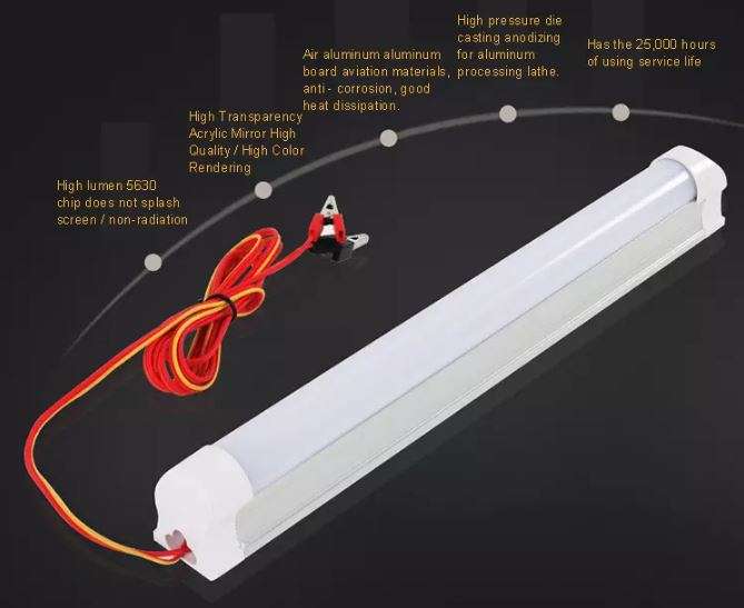 12V DC High Power Frosted LED Tube Light with Alligator Clamps