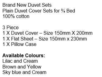 Brand New 100% Cotton 3 Piece Duvet Sets for ¾ Bed in Different Plain Colours