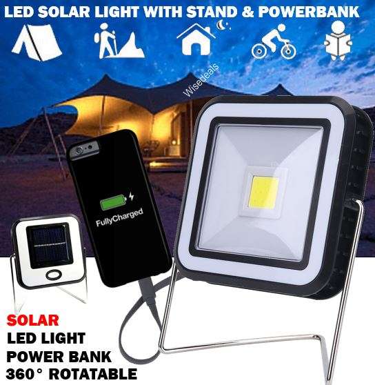 COB LED Solar Power Rechargeable Light & POWER BANK for Charging of Devices, Rotate 360 Degrees