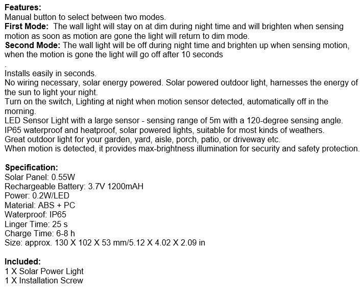 48 LED Solar Wall Light  Dimmer Mode Brighten with Motion OR Off and Brighten on with Motion