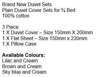 Brand New 100% Cotton 3 Piece Duvet Sets for ¾ Bed in Different Plain Colours
