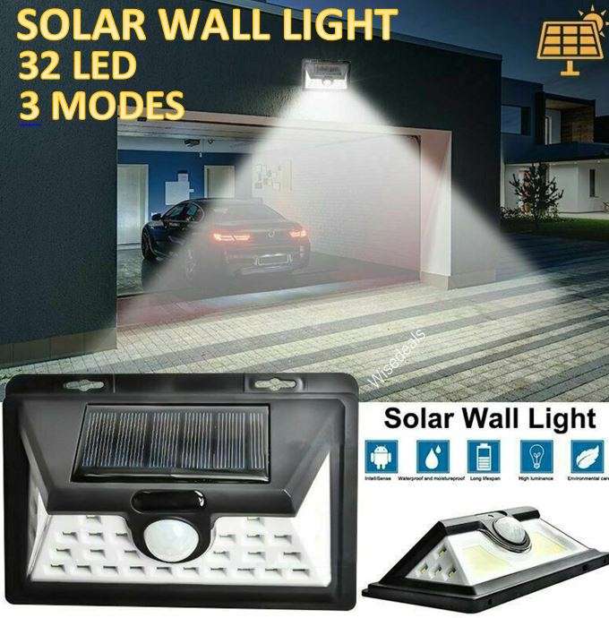 32 LED Solar Wall Light Dim light & Brighten with Motion OR Off and Brighten on with Motion
