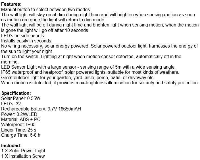 32 LED Solar Wall Light Dim light & Brighten with Motion OR Off and Brighten on with Motion
