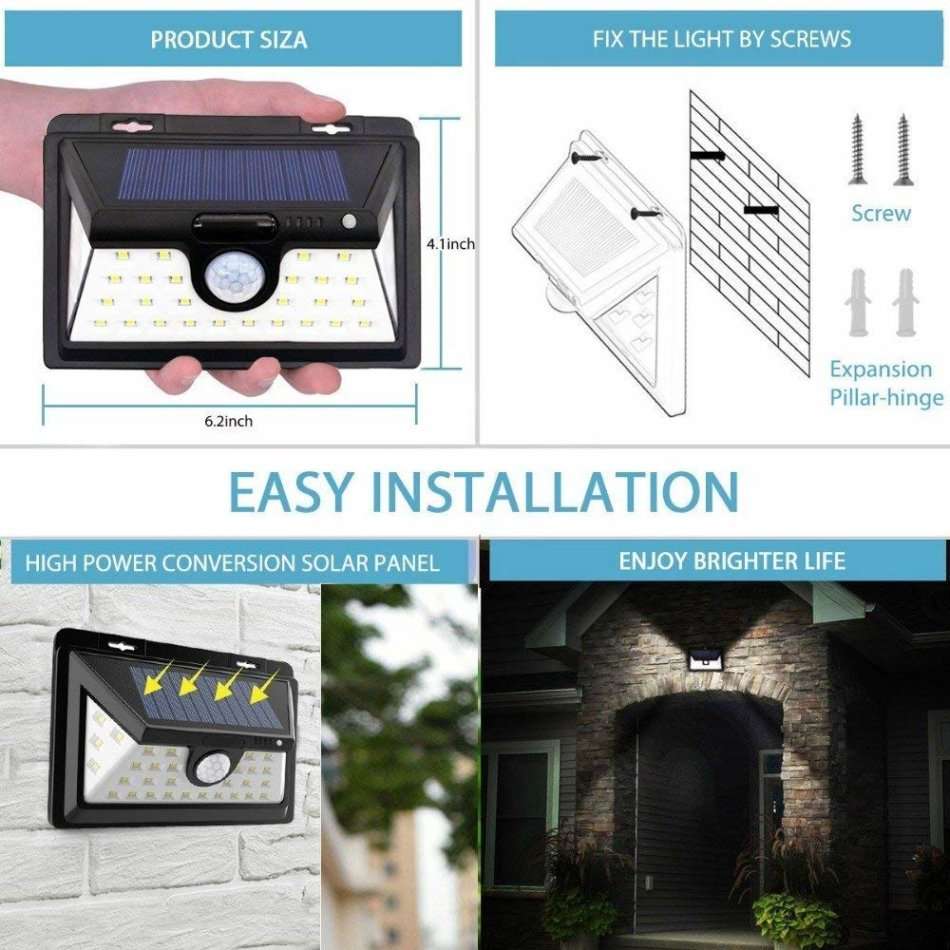 32 LED Solar Wall Light - Stay on Dim Light Mode & Brighten with Motion