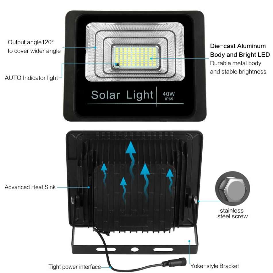 40W Super Bright LED Solar Flood Light With 5M Cable, Solar Panel & Remote Control