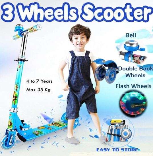 Three Wheel Metal Folding Skate Scooter with Led Lights & Double Back Wheels