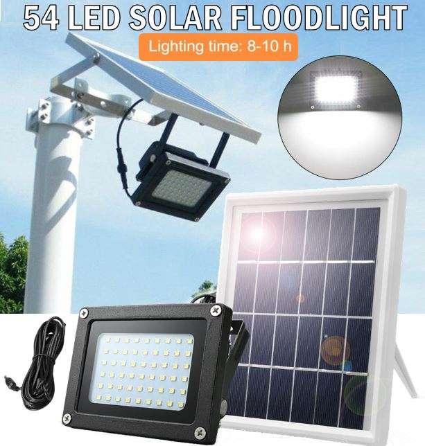 LED Solar Flood Light with 5 meter cable, Solar Panel, Bracket & Ground Stand, Day Night Sensor
