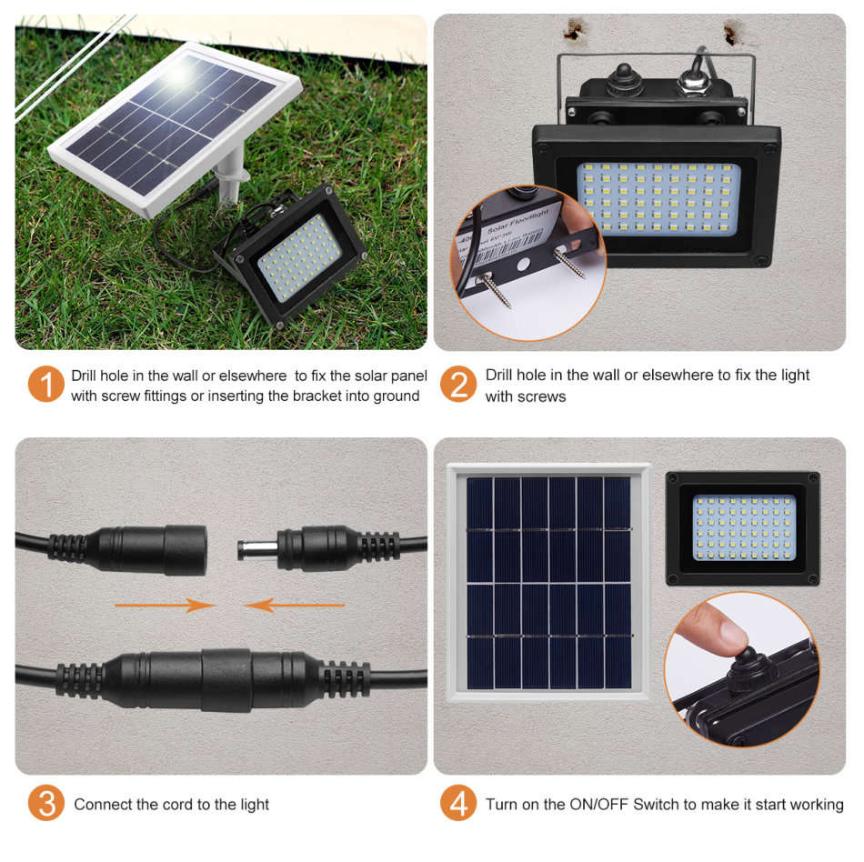 LED Solar Flood Light with 5 meter cable, Solar Panel, Bracket & Ground Stand, Day Night Sensor