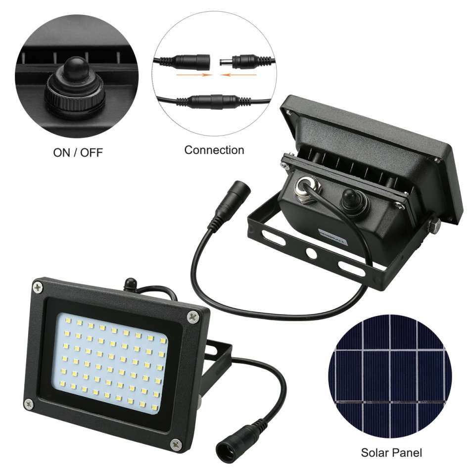 LED Solar Flood Light with 5 meter cable, Solar Panel, Bracket & Ground Stand, Day Night Sensor