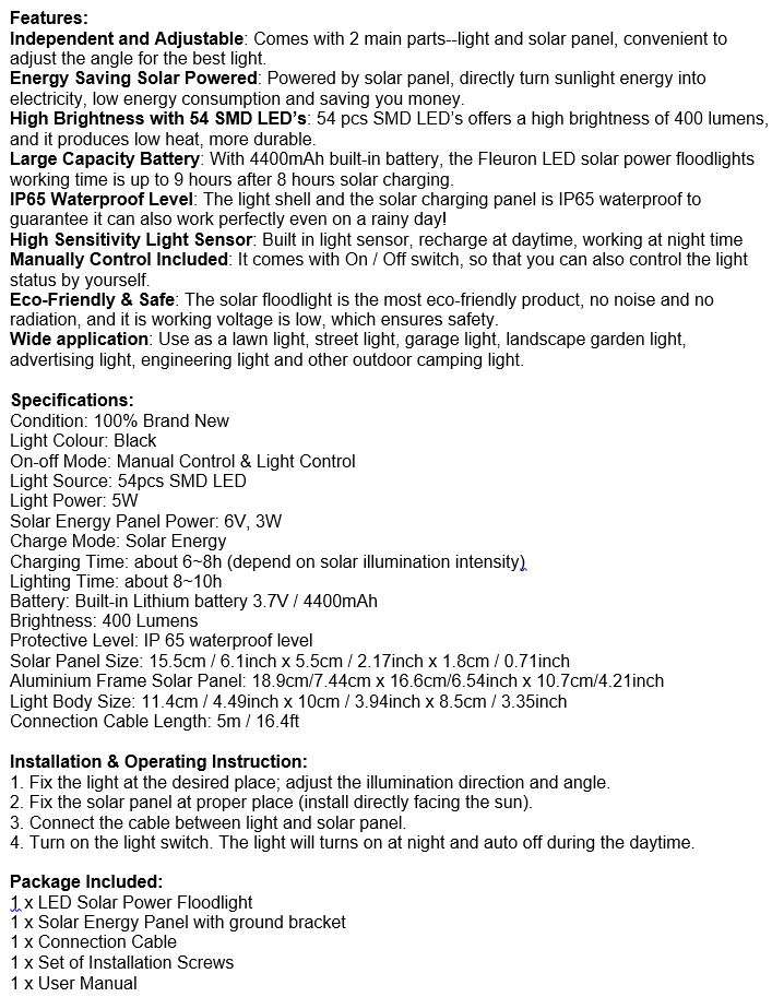 LED Solar Flood Light with 5 meter cable, Solar Panel, Bracket & Ground Stand, Day Night Sensor