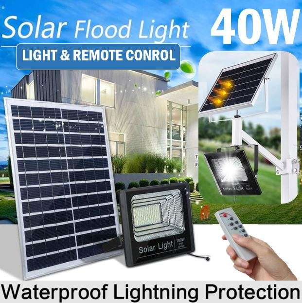 40W Super Bright LED Solar Flood Light With 5M Cable, Solar Panel & Remote Control