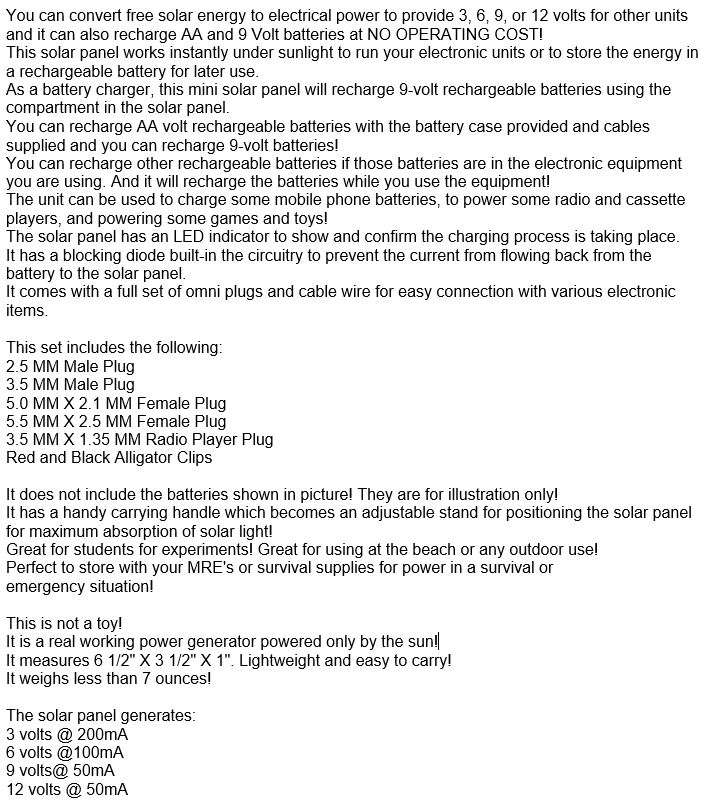 4 IN 1 Super Charge Solar Panel - Adjustable to 3, 6, 9 and 12 volt