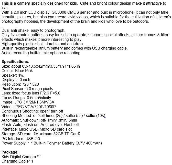 2" Kids Digital Camera  Take photos, Record Videos, Build in Microphone, Rechargeable etc
