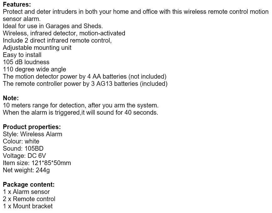 Wireless PIR Motion Sensor Alarm with 2 Remotes & Mount Bracket