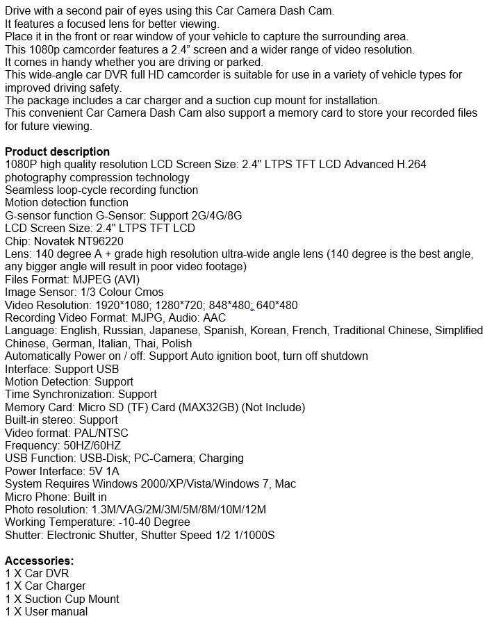 HD 1080P DVR Camera & Camcorder For Vehicle, Motion Detection, G-Sensor etc.