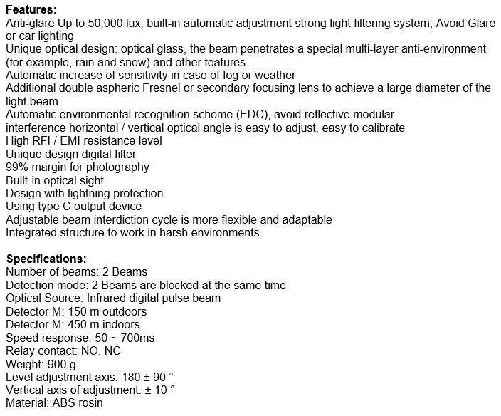 Infrared Alarm Intrusion Detector Twin Beam Sensor 150M Outdoor Perimeter Barrier