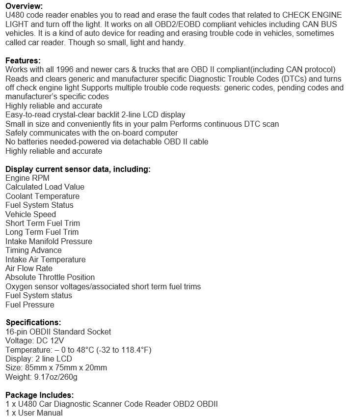 Diagnostic Engine Scanner & Code Reader, works with 1996 and newer cars & trucks