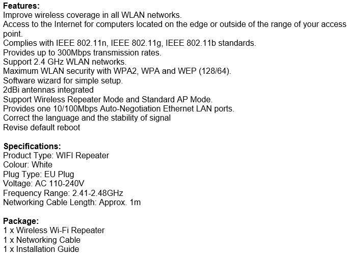 Wireless WIFI Repeater 300Mbps Signal Booster & Extender 802.11n/b/g