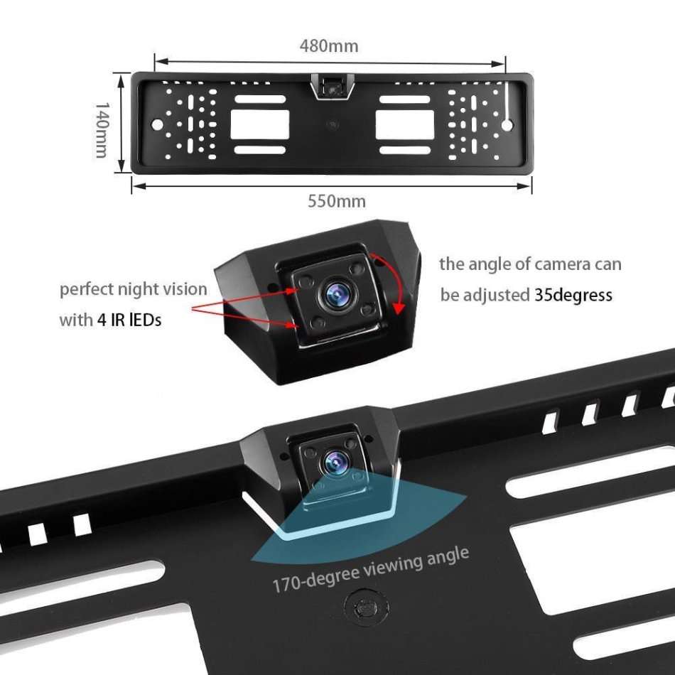 License Plate Holder with HD IR Camera - Easy to install without drilling holes, Night Vision etc.