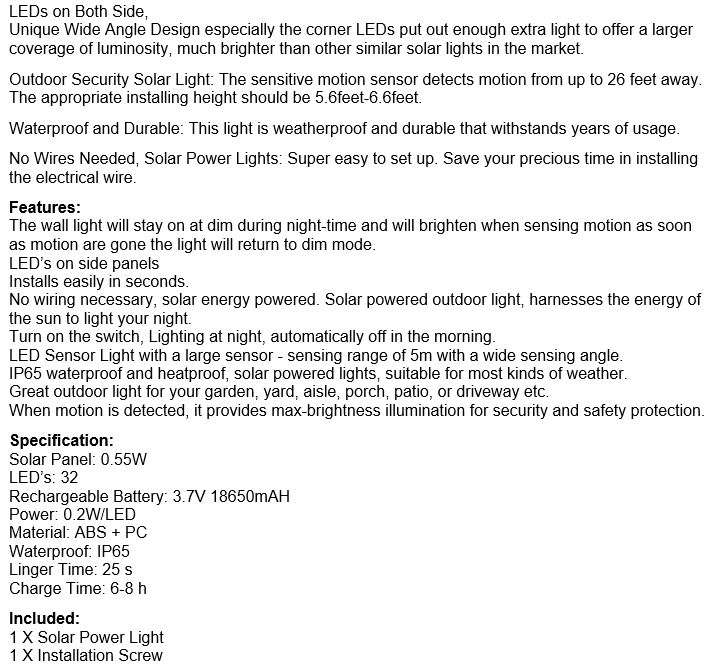 32 LED Solar Wall Light - Stay on Dim Light Mode & Brighten with Motion