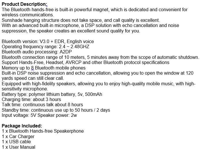 Sun Visor Bluetooth MP3 Music Player Speakerphone & Bluetooth Hands free Phone Car Kit