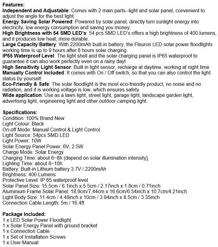 LED Solar Flood Light with 5 meter cable, Solar Panel, Bracket & Ground Stand, Day Night Sensor