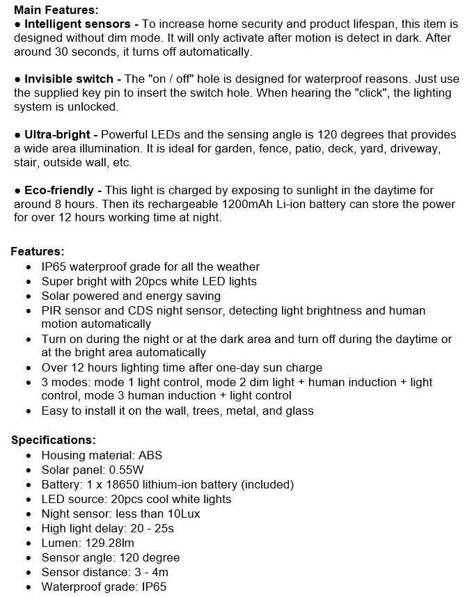 20 LED Solar Power Wall Light, PIR Motion Sensor, Waterproof, Night Sensor & Eco-friendly