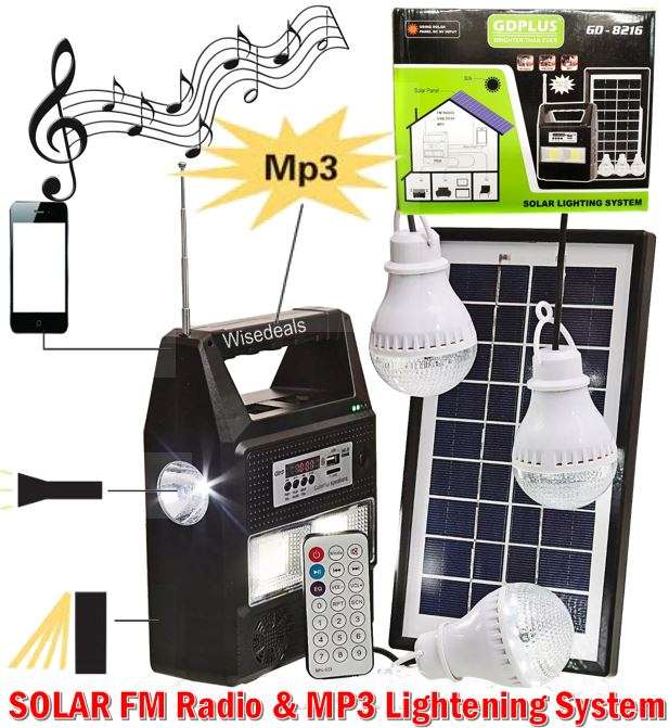 SOLAR FM Radio Light System - Control Radio Unit, 3 LED Lights, Solar Panel, Remote & 10 in 1 Cable