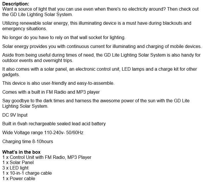SOLAR FM Radio Light System - Control Radio Unit, 3 LED Lights, Solar Panel, Remote & 10 in 1 Cable
