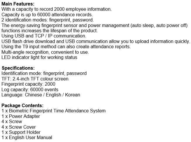 Biometric Fingerprint Time Attendance Clock System - Support Fingerprint or Password
