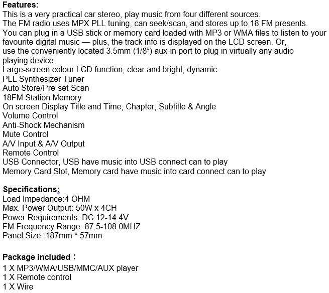 LED Car Radio & Remote - MP 3, FM Stereo, Supports USB, SD Card, AUX, 5V Charging, etc.