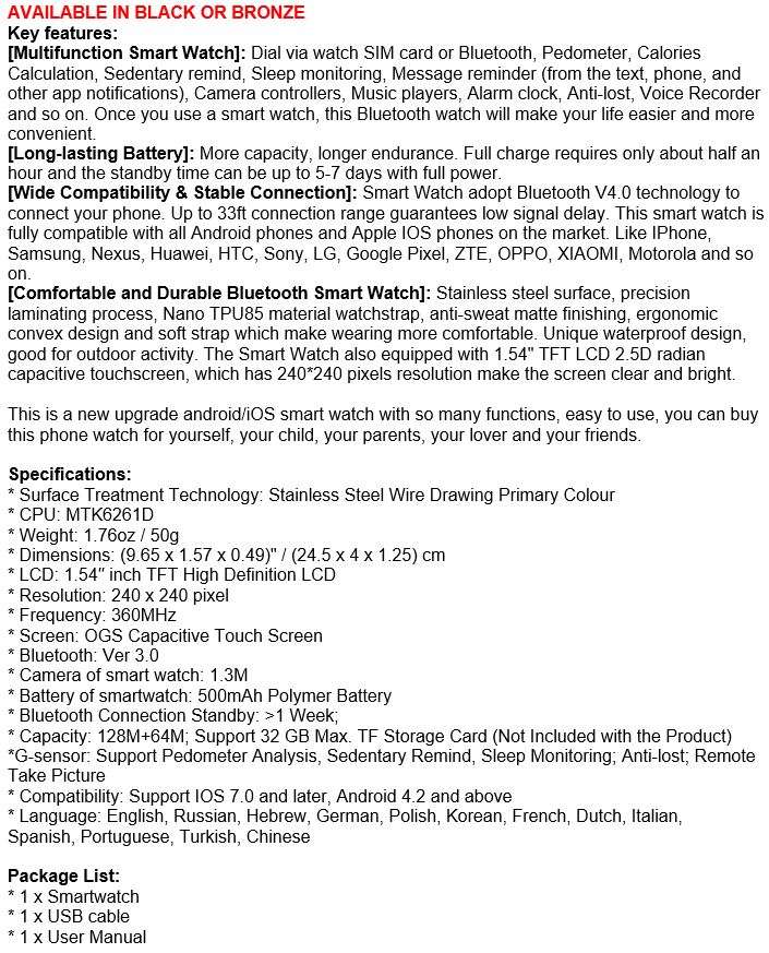 Bluetooth Smart Watch Phone  Support Sim & SD Card, Pedometer etc.