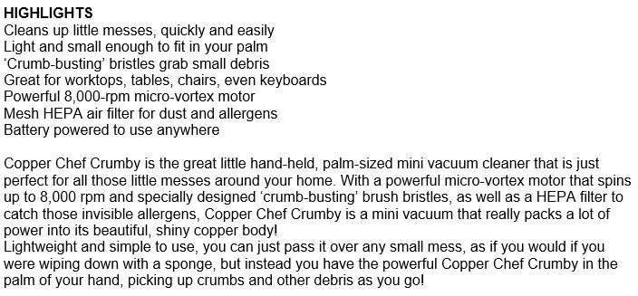 Copper Chef Crumby Handheld Vacuum  Cleans up Messes Quick and Easy