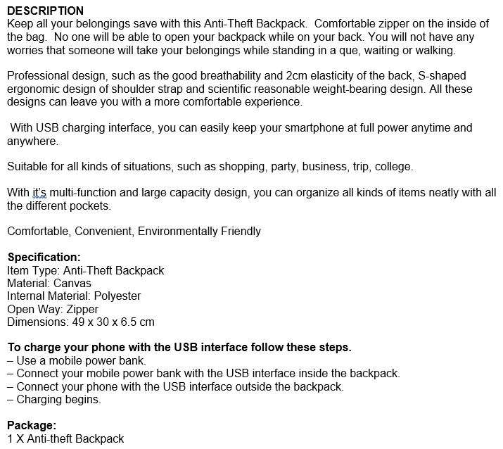 Anti-Theft Backpack with USB Interface and Fully Concealed Zipper Design