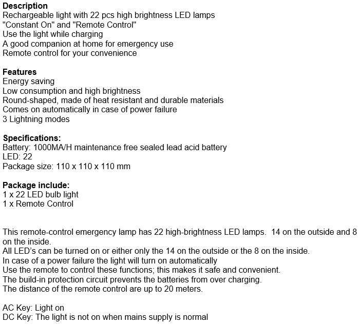 AC/DC Emergency Light & Remote - Turns on Automatically With Power Failure