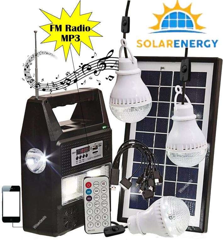 SOLAR FM Radio Light System - Control Radio Unit, 3 LED Lights, Solar Panel, Remote & 10 in 1 Cable