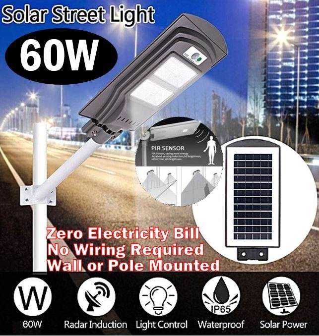 60 Watt LED SOLAR Street Light, PIR, Motion Sensor, Waterproof with 3 Lighting Modes