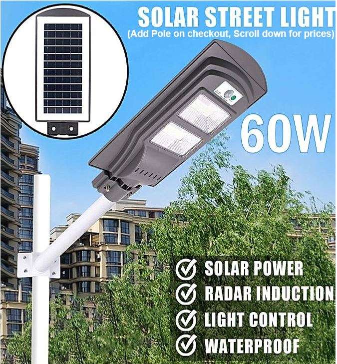 60 Watt LED SOLAR Street Light, PIR, Motion Sensor, Waterproof with 3 Lighting Modes