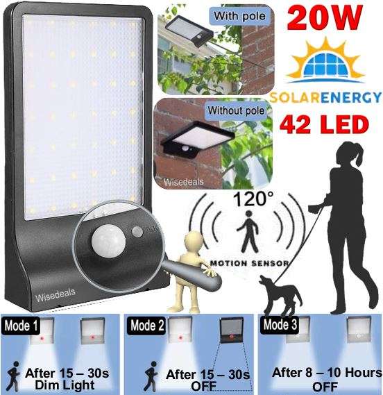LED SOLAR Street Light, 20W, PIR, Motion Sensor, Waterproof with 3 Lighting Modes