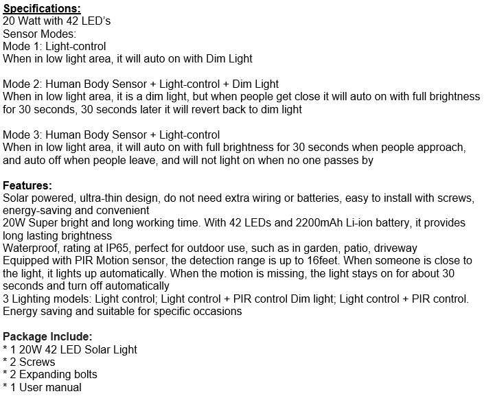 LED SOLAR Street Light, 20W, PIR, Motion Sensor, Waterproof with 3 Lighting Modes