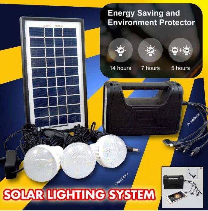 Home Solar System - Battery Control Unit, 3 LED Lamps, Solar Panel, Remote & 10 in 1 Charging Cable