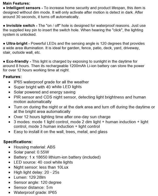 40 LED Solar Power Wall Light, PIR Motion Sensor, Waterproof, Night Sensor & Eco-friendly, 3 Modes