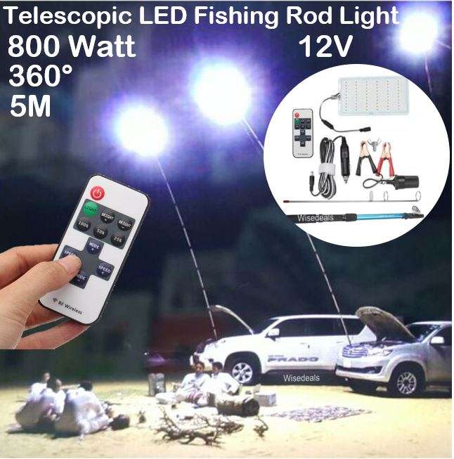 800Watt, 5m, 12V Telescopic Fishing Rod LED Light with Remote & Accessories