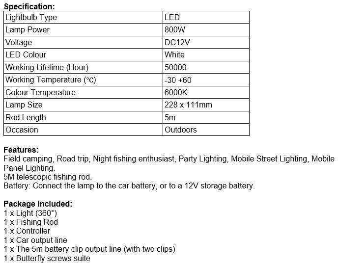 800Watt, 5m, 12V Telescopic Fishing Rod LED Light with Remote & Accessories