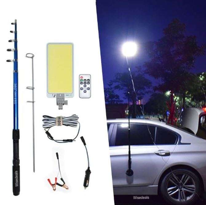 500 Watt, 5m, 12V Telescopic Fishing Rod LED Light with Remote & Accessories