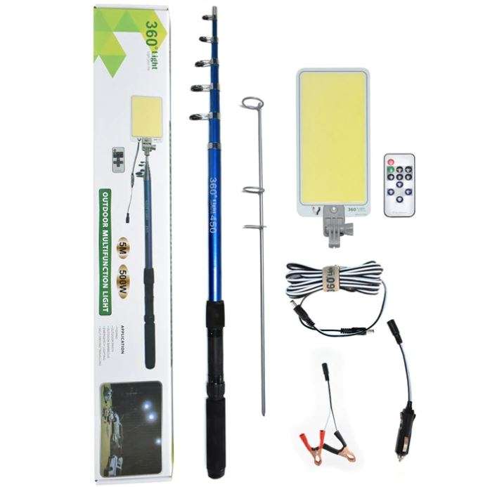 500 Watt, 5m, 12V Telescopic Fishing Rod LED Light with Remote & Accessories