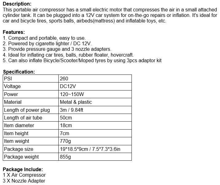 Portable 12V DC Air Compressor Ideal for inflating car tires, balls, rubber floater, hovercraft etc