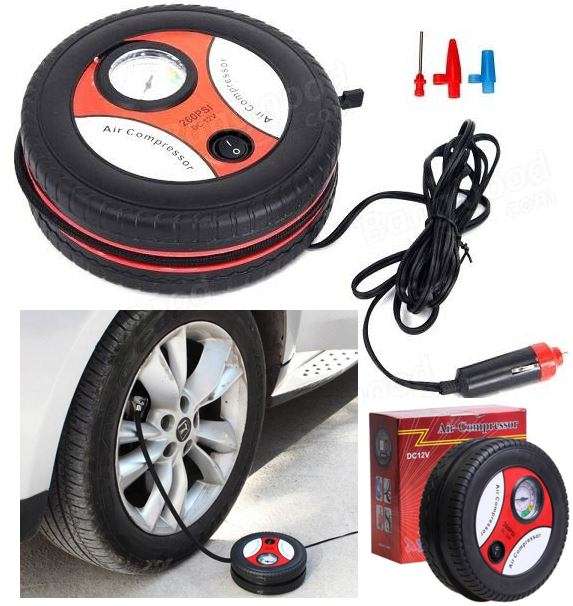 Portable 12V DC Air Compressor Ideal for inflating car tires, balls, rubber floater, hovercraft etc